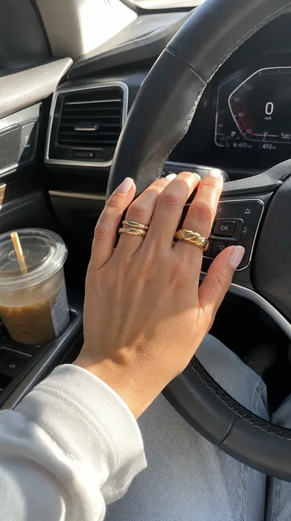 Jewellery AI UGC reel: ring stack on the steering wheel