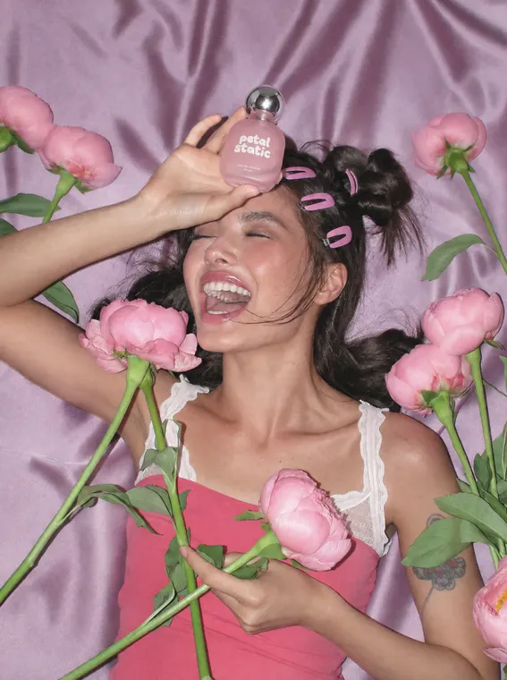 Perfume model shoot: Petal Static, pink satin flash