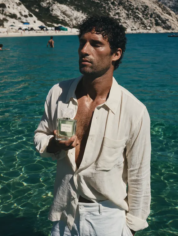 Perfume model shoot: Salt Hour, man waist deep in the sea