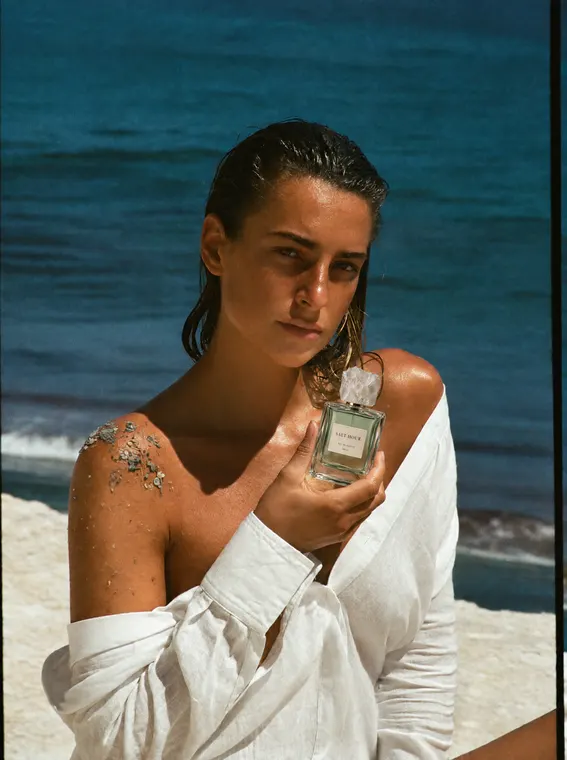 Perfume model shoot: Salt Hour, sea cliff linen