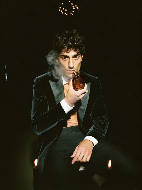 Perfume model shoot: Velvet Ember, candlelit velvet tux