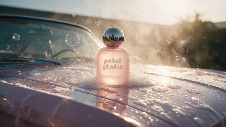 Perfume ad film Pink Wash, scene 5: end frame bottle on the wet hood