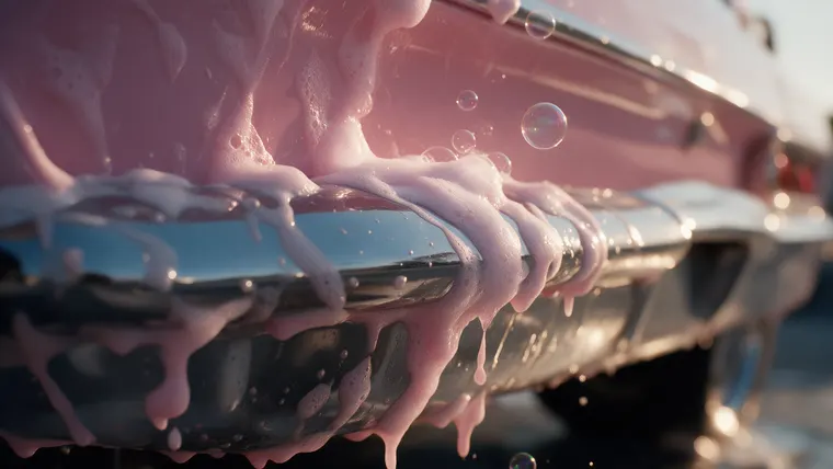 Perfume ad film Pink Wash, scene 3: foam on the chrome bumper