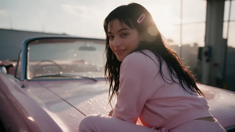 Perfume ad film Pink Wash, scene 4: on the hood over the shoulder