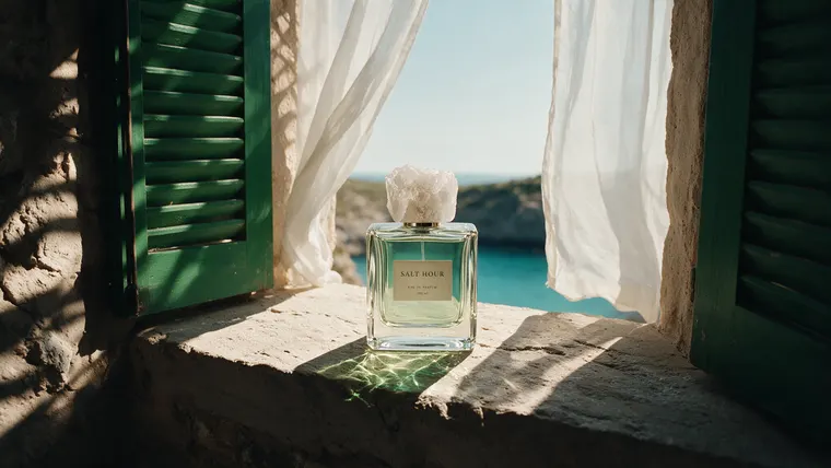 Perfume ad film Siesta, scene 5: end frame bottle on the sill