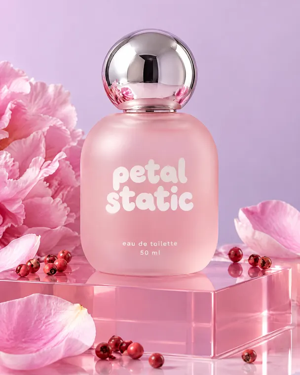 Perfume bottle hero shot of Petal Static