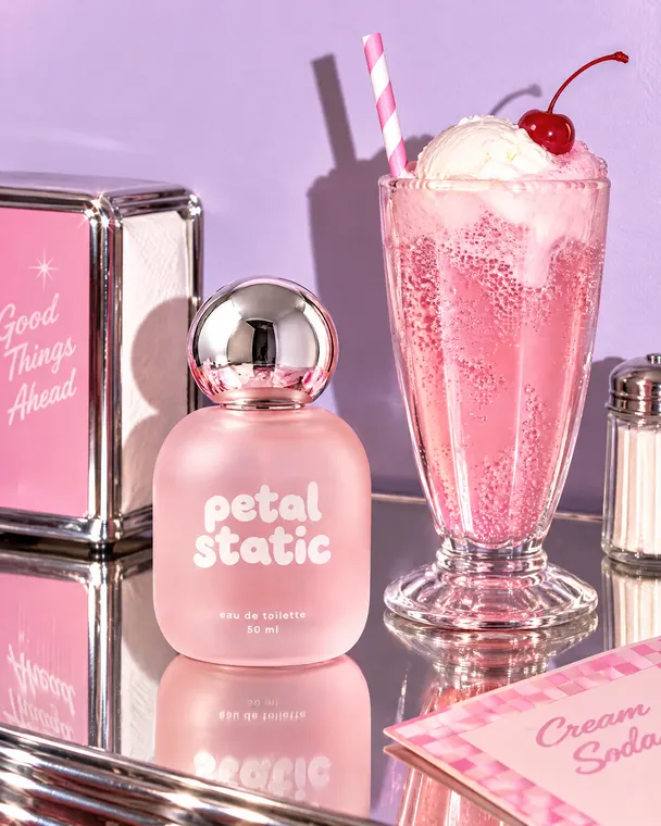 Perfume product photography: Petal Static, cream soda flash
