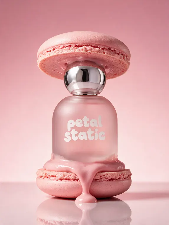 Perfume product photography: Petal Static, giant macaron stack