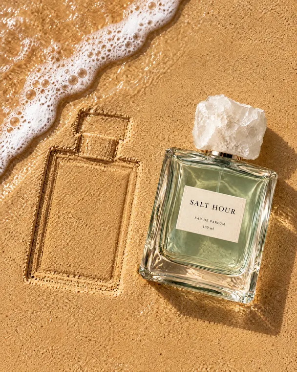 Perfume product photography: Salt Hour, imprint in wet sand