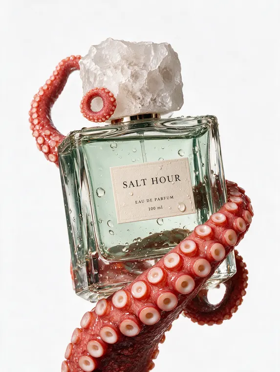 Perfume product photography: Salt Hour, octopus tentacle wrap