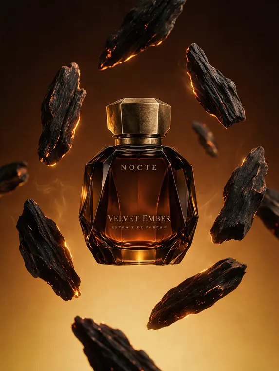 Perfume product photography: Velvet Ember floating charred oud