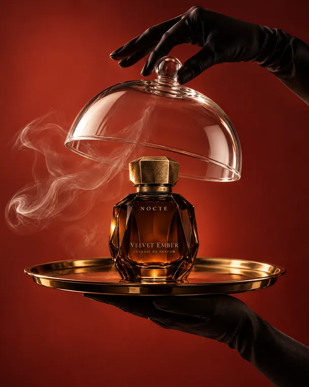Perfume product photography: Velvet Ember, glass cloche reveal