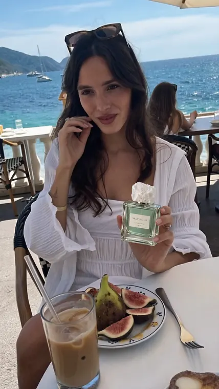 Perfume AI UGC reel: Salt Hour, seaside cafe figs and iced coffee