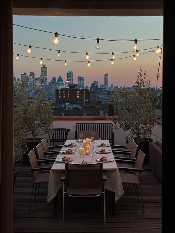 Real estate photography: terrace, rooftop dinner at dusk