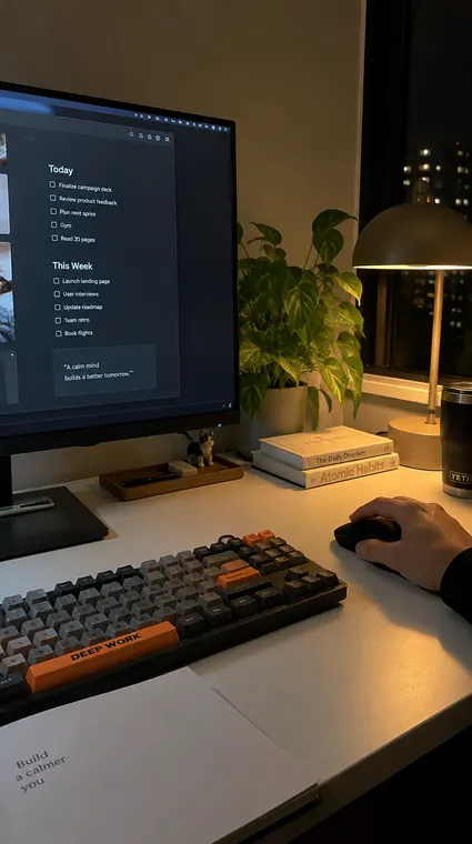 Tech AI UGC reel: desk setup, DEEP WORK keyboard