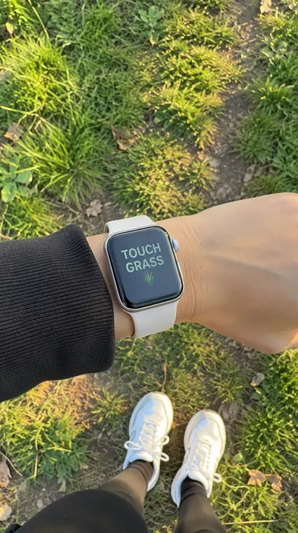 Tech AI UGC reel: morning run, TOUCH GRASS watch