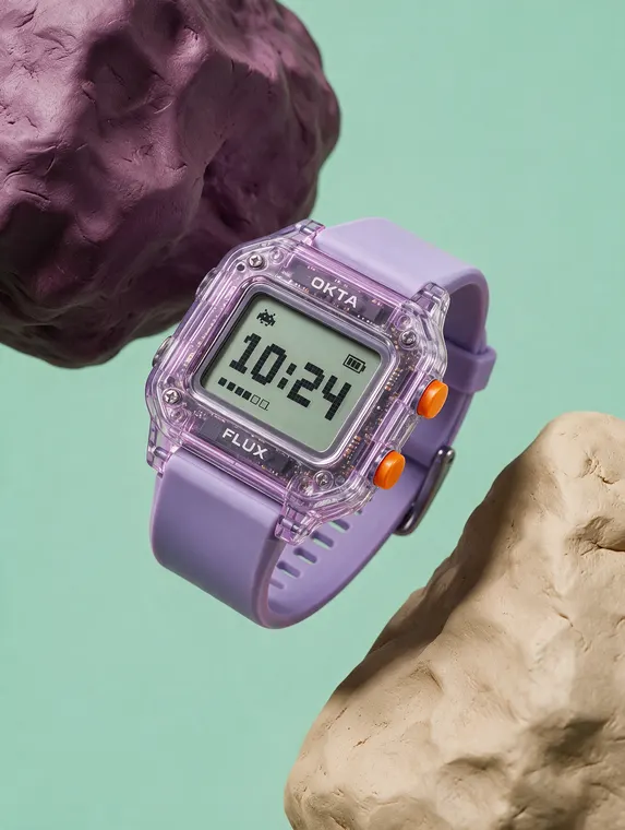Watch product photography: Okta Flux between clay rocks