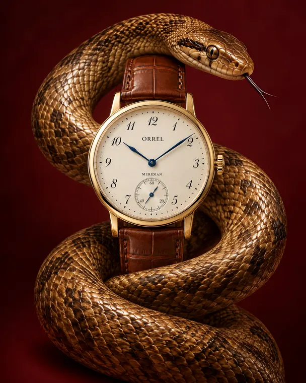 Watch product photography: Orrel Meridian, snake coil on oxblood